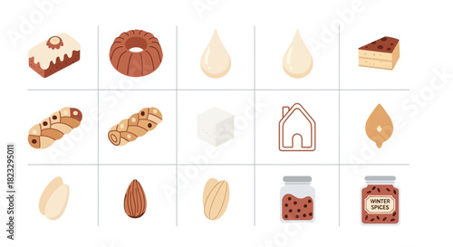 A collection of illustrated icons featuring various baking ingredients and sweet treats like cakes, bread, nuts, and jam.