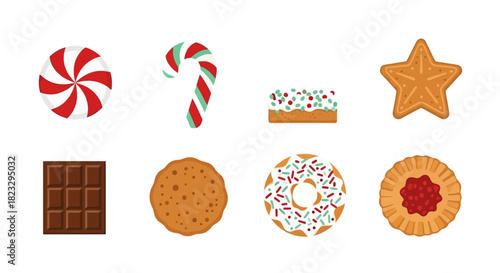 Assortment of festive and delicious sweet treats including candies, cookies, chocolate, and a donut on a white background.