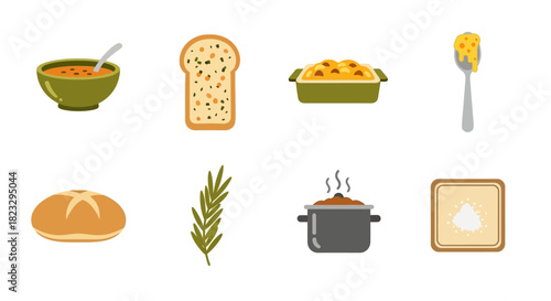 Collection of food icons including soup, bread, casserole, and rosemary.