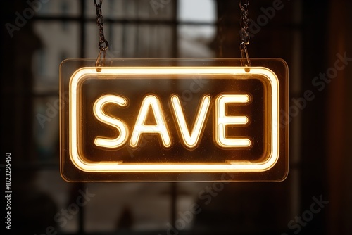Neon save sign glowing in an urban window at dusk inviting attention to a special offer
