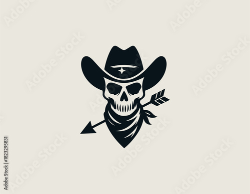 black vector graphic of an intense skull wearing a classic western cowboy hat and bandana, prominently pierced by two stylized crossed arrows. Vintage wild west emblem concept