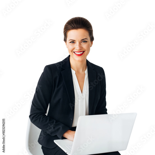  Confident Professional Woman in White Blouse and Blazer with Laptop