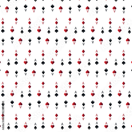 Simple, modern seamless pattern featuring an array of black and red Ace playing cards (A of spades, hearts, clubs, and diamonds) scattered across a white background. Great for gaming themes.