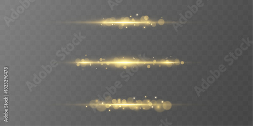 A golden horizontal flare spreads in a smooth bright line. Subtle sparkles shimmer inside the glowing beam. The effect enhances luxury visuals with warm light.