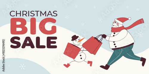 A dynamic and whimsical vector illustration for a 'Christmas Big Sale' banner. The scene is set on rolling white snowdrifts under a clear, light blue sky with gently falling snowflakes. A jolly.