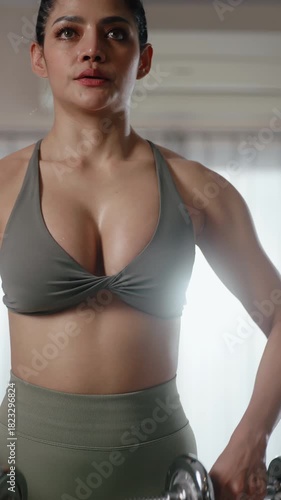 Vertical clip. Attractive Asian woman in sportswear exercising with dumbbells at home.