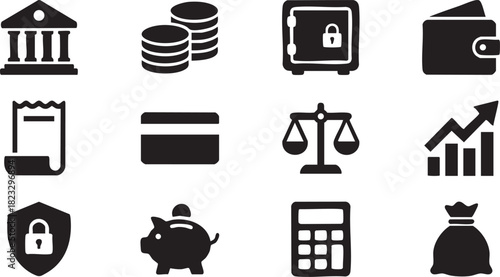 Comprehensive set of financial and banking icons, featuring elements like bank, coins, wallet, and calculator