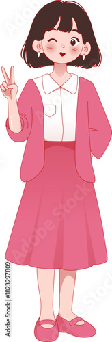 Cheerful Asian girl illustration making peace sign and winking