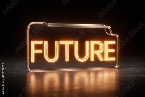 Bright neon folder glows with the word future signifying hope and innovation in a dark setting