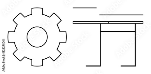 Large gear and simple table outline emphasize innovation, productivity, and structural integrity. Ideal for industry, technology, engineering, workflow, manufacturing, planning structural metaphor