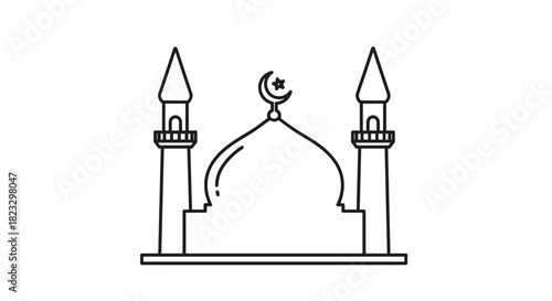 Elegant outline of mosque with crescent moon perfect for Ramadan greeting cards and cultural designs offering peace and spiritual connection, Generative AI.