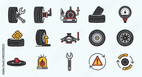Essential auto repair and maintenance icons for your garage or automotive business promotion with safety and service signs for car care and tire repair, Generative AI.