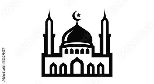 Striking mosque silhouette with crescent moon perfect for Ramadan designs and Islamic themed projects offering cultural richness and spiritual depth in your visuals, Generative AI.