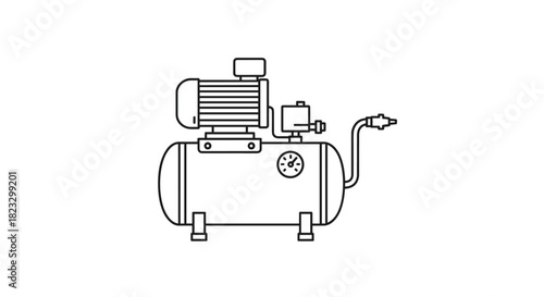 Detailed line drawing of air compressor for industrial machinery or DIY projects requiring compressed air ideal for engineering and manufacturing designs, Generative AI.