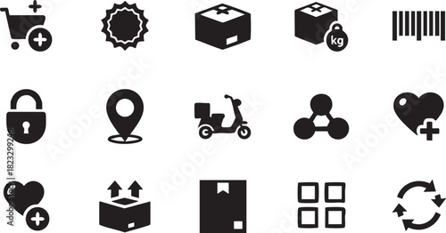 Ecommerce and delivery icons set, shopping cart, package, location, isolated