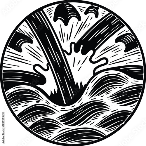 Black and white graphic of a log splashing into water with waves in a circle vector illustration