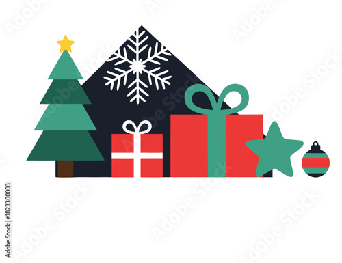 Spread holiday cheer with this charming collection of Christmas gifts, a festive tree, and a delightful snowflake for a warm and inviting winter season