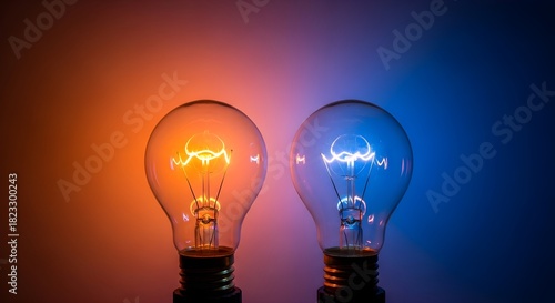 Glowing orange and blue incandescent light bulbs contrast brightly, symbolizing new ideas