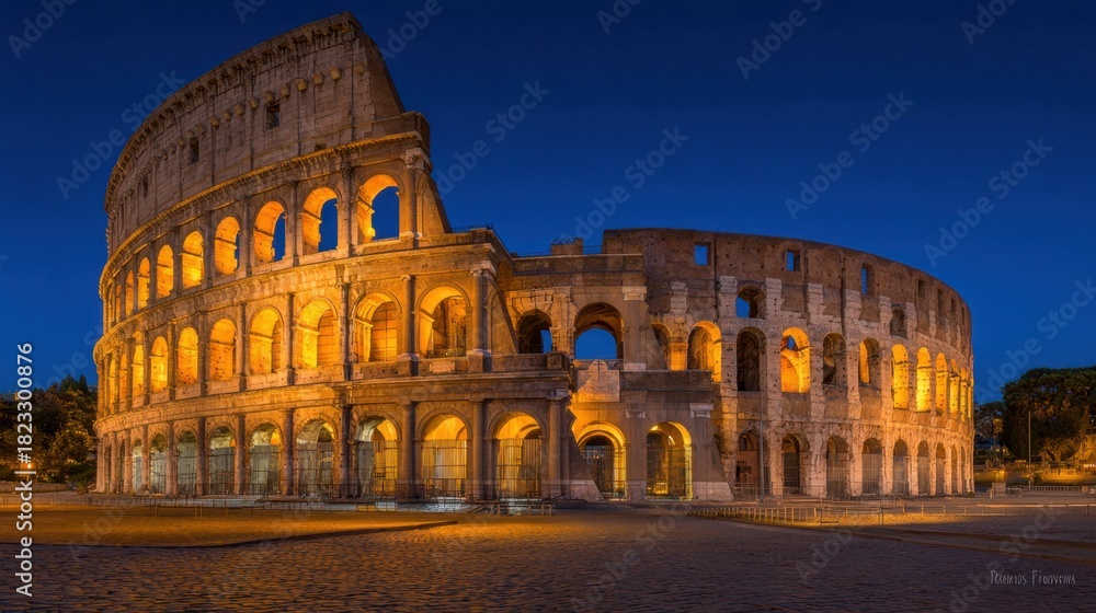 Obraz premium Illuminated Ancient Roman Colosseum at Night with Warm Lighting and Clear Sky