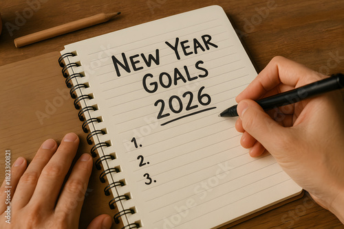 Person writing New Year goals for 2026 in a spiral notebook, representing planning, motivation, and fresh start mindset..