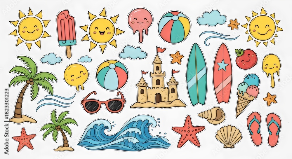 Fototapeta premium Colorful Doodle Style Beach Vacation Illustration Set for Summer Design Projects