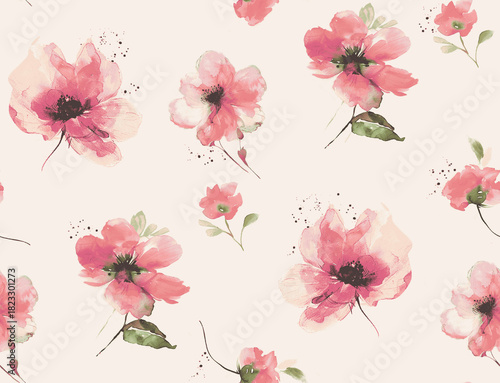 A seamless romantic watercolor floral pattern featuring soft petals, delicate blooms and elegant hand-painted textures. Perfect for textiles,wallpapers, packaging,wedding stationery.