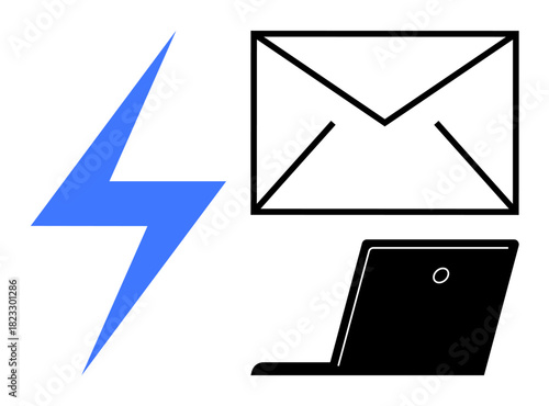 Lightning bolt, email envelope, laptop symbolizing digital communication, fast messaging, or technology. Ideal for concepts thumbs up technology, email, energy, efficiency internet business modern