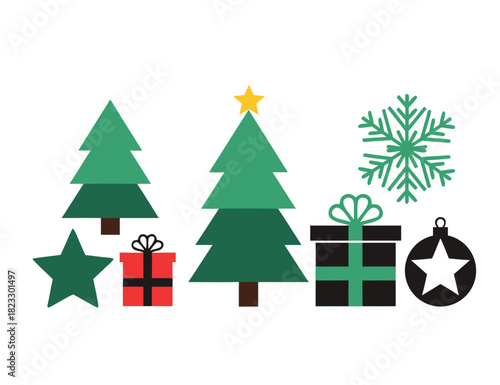 Festive Christmas trees with stars, gifts, snowflake, and ornament icon set brings holiday cheer to your seasonal designs, perfect for greeting cards