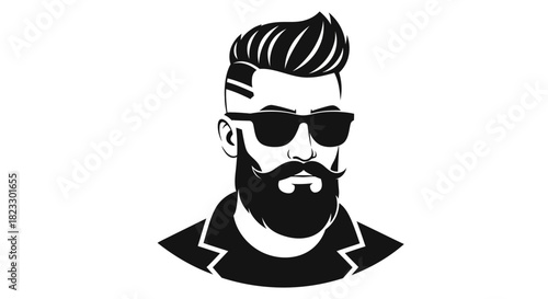 A stylized black and white illustration of a man with sunglasses and a full beard.