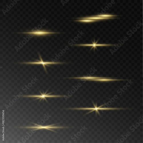 Horizontal golden rays sweep softly through the scene with a warm glow. Tiny reflections shimmer along the smooth flare. The bright streak adds a stylish light effect.