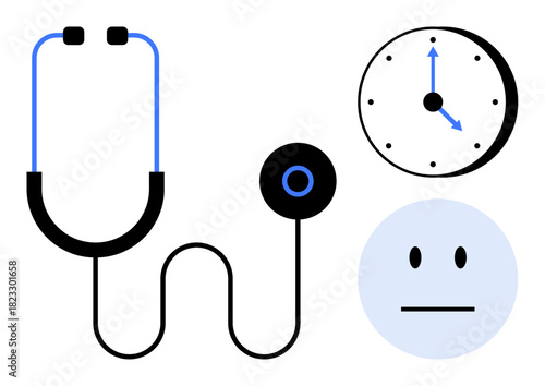 Stethoscope for healthcare, clock indicating time, and neutral face denoting emotion. Ideal for medical care, wellness, time, diagnosis, appointment healthcare and self-care. A simple flat metaphor