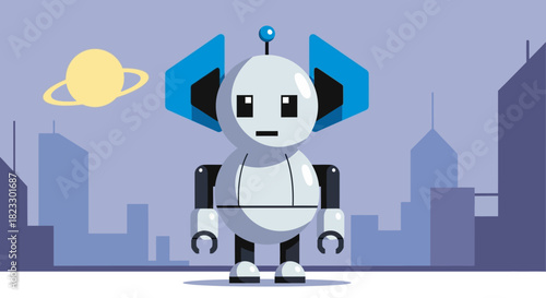 A cartoon robot stands in front of a city skyline with a planet.