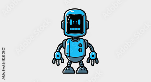 Cartoon illustration of a blue robot standing with a blank expression on a light gray background.