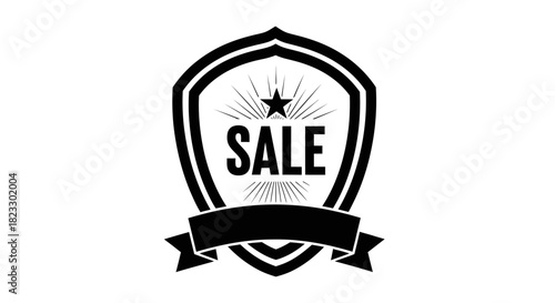 Black and white graphic of a shield with the word "SALE" and a ribbon banner.