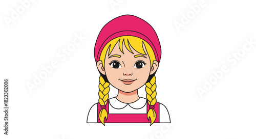 A cartoon illustration of a young girl with blonde braids and a pink hat, smiling.