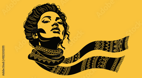 A stylized illustration of a woman with a scarf blowing in the wind, looking upwards.