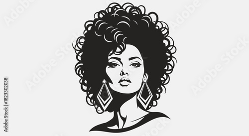 A stylized black and white portrait of a woman with large curly hair and earrings.