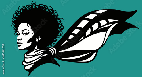 Silhouette of a woman with afro hairstyle and a flowing scarf, against a teal background.