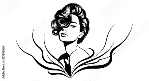 Elegant vector illustration of a woman with stylized hair and flowing lines, depicted in black and white.