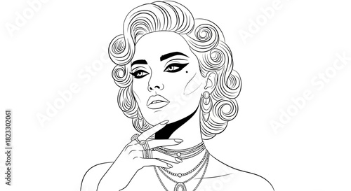 Line art of a glamorous woman with curled hair, jewelry, and dramatic makeup, looking confidently at the viewer.