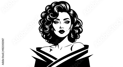 Elegant black and white portrait of a woman with curly hair and a dramatic gaze.