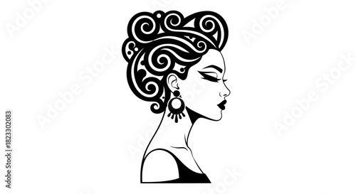 Illustration of a woman's profile with elaborate hairstyle and earrings, presented in black and white.