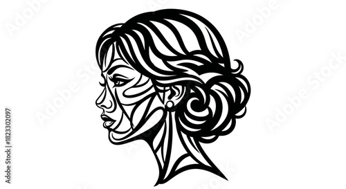 Stylized portrait of a woman in profile, featuring abstract lines and an elegant updo hairstyle.