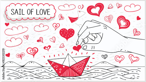 A hand places a heart onto a red and white paper boat sailing on wavy water surrounded by hearts and clouds