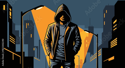 A hooded figure stands in a city street illuminated by streetlights, creating a mysterious atmosphere.