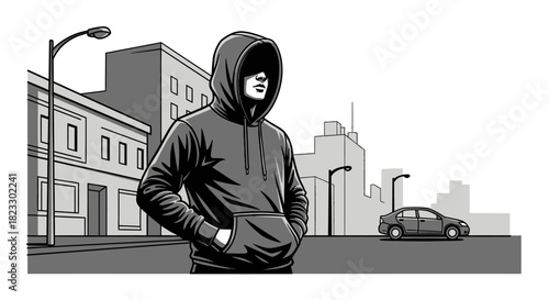 A person in a hoodie stands on a city street with buildings, streetlights, and a car in the background.
