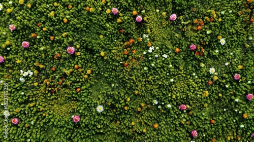 Vibrant Floral Patterns Over Lush Green Ground Covering in Nature