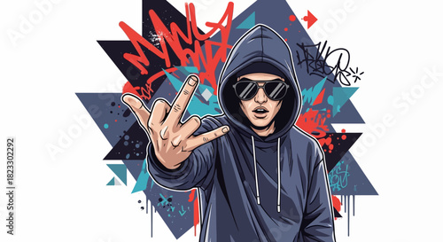 Illustrated man in a hoodie and sunglasses making a hand gesture against a graffiti-style geometric background.