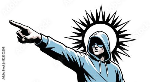 A stylized illustration of a person in a hoodie pointing towards the left with a halo.