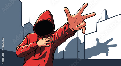 A faceless figure in a red hoodie gestures, casting a shadow in a city.